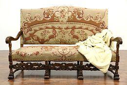 Carved Oak French Antique Hall Bench, Settee or Sofa, Needlepoint Upholstery