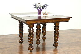 Oak Antique 1900 Square Dining Table, 4 Leaves, 5 Spiral Legs