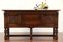 English Tudor Oak Antique Sideboard, Server or Buffet Signed Berkey & Gay #29508