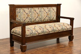 Oak 1900 Antique Hall Bench or Settee, New Upholstery