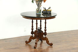 Victorian 1870 Antique Carved Walnut Lamp or Parlor Table, Cultured Marble Top