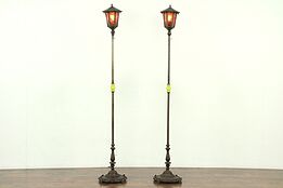 Pair of Antique Lantern Floor Lamps, Mica Shades, Signed Rembrandt #28545