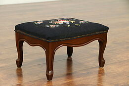 Walnut Carved Antique Footstool, Needlepoint Upholstery #30548