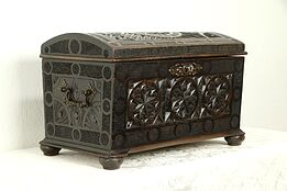 Hand Carved French Antique Small Treasure Chest or Trunk with Lock #31330