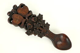 Welsh Hand Carved Mahogany Traditional Wedding Spoon, Hearts & Flowers #32010