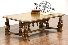 Designer Coffee Table, Jester & Griffin Carved Sculpture Base, Tooled Leather