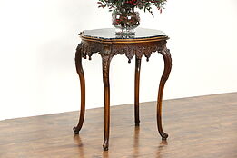 Carved Antique Walnut Lamp, End or Hall Center Table, Black Marble Top