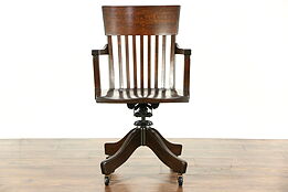 Oak 1915 Antique Swivel Adjustable Desk Chair, Signed Johnson, Chicago