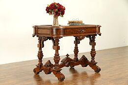 Victorian Renaissance 1870 Antique Marble Top Walnut Lamp or Parlor Table #30867