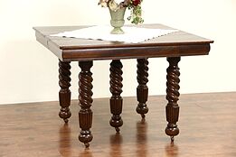 Oak 1900 Antique Square Dining Table, 4 Leaves, 5 Spiral Legs Extends 7'