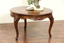 Country French Carved 1940's Vintage Coffee Cocktail Table, Marquetry Top