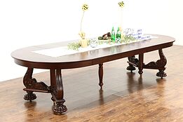 Round 54" Empire Mahogany Antique 1910 Dining Table, 6 Leaves, Extends 10' 5"
