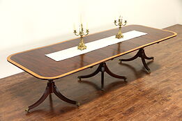 Mahogany Banded Vintage Dining Table, 3 Pedestals, 2 Leaves, Extends 11'