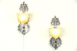 Pair of Art Deco Antique 1925 Wall Sconces Lights, Original Etched Glass Shades