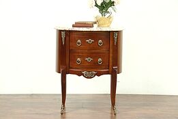 Oval Mahogany Marquetry Vintage Chest, End Table or Nightstand, Marble Top