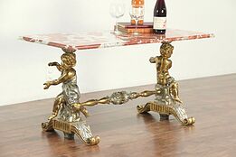Marble Top Coffee or Cocktail Table, Gold & Silver Leaf Cherub, Italy #28912
