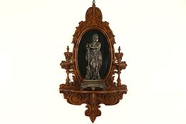 Victorian 1870 Antique Carved Walnut Mirror & Shelf, Candlestands