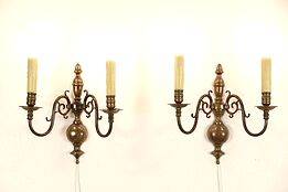 Pair 1910 Antique Brass Double Wall Sconces, Beeswax Candles