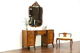 French Style Carved Satinwood Vintage Dressing Table or Vanity, Mirror & Bench