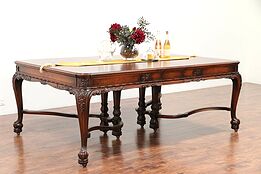 Renaissance Carved Antique Dining Table, 4 Leaves, Ebony Marquetry #29408