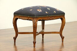 French Antique Carved Fruitwood Stool or Bench, Needlepoint Upholstery #30346