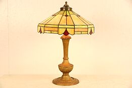 Lamp with Leaded Stained Glass Shade, 1915 Antique, Signed Miller