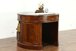 Round Georgian Design Mahogany Vintage Library Desk, Tooled Leather Top