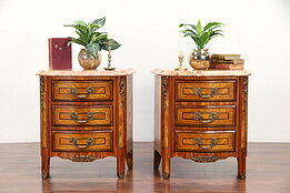 Pair Rosewood Marquetry Italian Marble Top Vintage Chests or Nightstands #30060