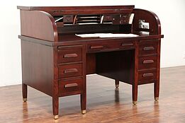 Mahogany Antique Rolltop Desk, Brass Feet, Signed National #29586