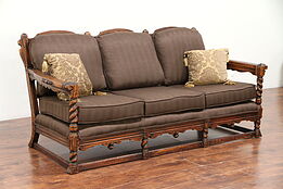 English Tudor Antique Carved Oak Club Sofa, Kittinger, New Upholstery  #29749