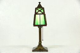 Arts & Crafts Mission Antique 1900 Desk Lamp, Stained Glass Shade