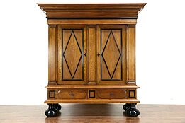 Dutch Kas or 1920 Antique Dowry Cabinet Armoire, Oak & Ebony, Secret Compartment