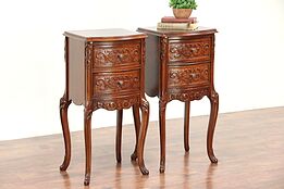 Pair of French Style Vintage Carved Walnut & Burl Nightstands #29443