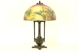 Moe Bridges Signed Antique Lamp, Reverse Painted Glass Shade #30421