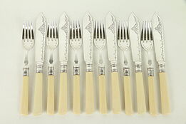 Set of 12 Antique English Silverplate Knives & Forks, Ivorine Handles #31262