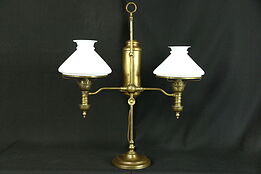 Victorian Antique Double Oil Desk Lamp, Milk Glass Shades, Electrified