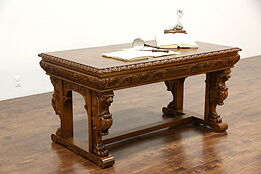 Oak Signed Scandinavian Library Table Writing Desk, Secret Drawers, Gargoyles
