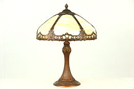 Hand Painted 1915 Antique Lamp, Stained Glass Curved Panel Shade