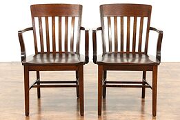 Pair of Antique 1910 Banker, Office or Library Chairs, Quartersawn Oak