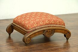 Walnut Hand Carved Antique 1880 Footstool, Recent Upholstery #28588