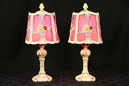 Pair Hand Painted Antique Boudoir Lamps, Silk Lined Filigree Shades #29541