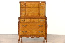 French Style Carved Satinwood 1940 Vintage Highboy or Tall Chest on Chest