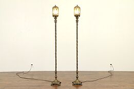 Pair Iron, Brass, Stained Glass Antique Floor Lamps, Torchieres, Lanterns #31848