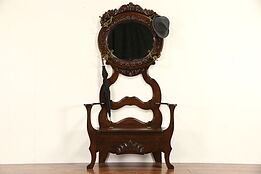 Victorian 1900 Antique Oak Hall Bench, Beveled Mirror & Storage