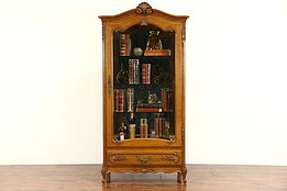 Country French Carved Oak 1940's China or Curio Cabinet, Beveled Glass