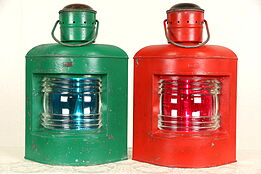 Pair Ship Nautical Antique Red & Green Electrified Lanterns, Signed Peters