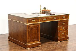 Campaign Partner Desk, 1900 Antique Yew Wood, Tooled Leather, Signed London