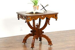 Victorian Eastlake 1880 Antique Carved Walnut Lamp or Parlor Table