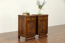 Pair of Antique 1925 French Art Deco Carved Oak Nightstands #30370