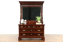 Mahogany Carved Antique 1890 Aesthetic Chest or Dresser, Beveled Mirror